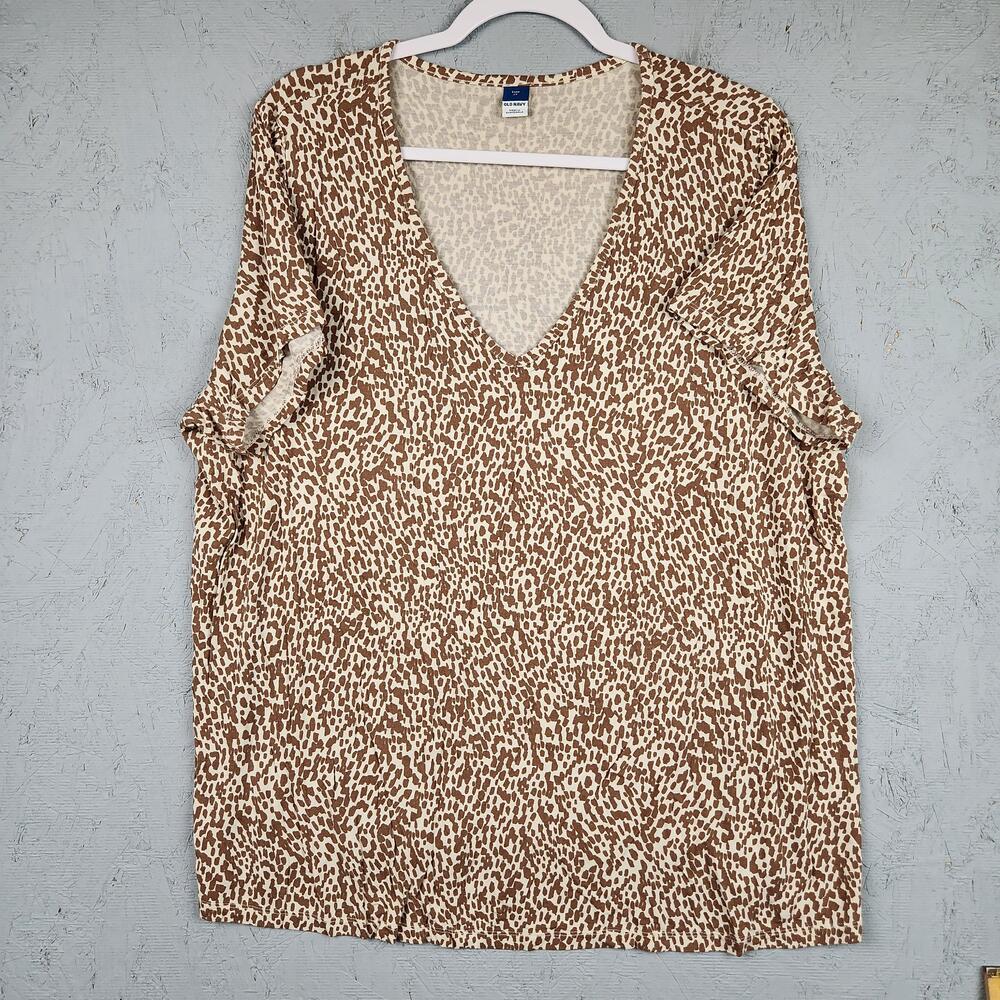 Old Navy Shirt Womens 2X Brown Animal Print Luxe V Neck Short Sleeve Top Cheeta